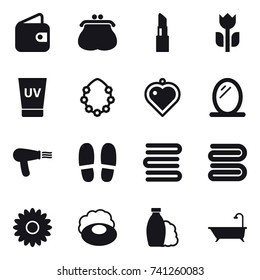 16 vector icon set : wallet, purse, lipstick, uv cream, hawaiian wreath, heart pendant, mirror, hair dryer, slippers, towels, towel, flower, soap, shampoo, bath