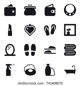 16 vector icon set : wallet, purse, necklace, lipstick, heart pendant, flip-flops, flower in window, mirror, slippers, towel, sprayer, soap, shampoo, bath