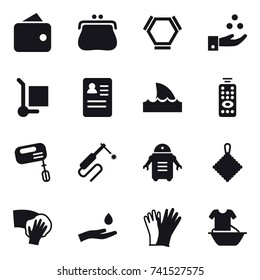 16 vector icon set : wallet, purse, hex molecule, chamical industry, cargo stoller, shark flipper, remote control, mixer, rag, wiping, hand and drop, gloves, handle washing