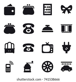 16 vector icon set : wallet, purse, abacus, bow, service bell, wardrobe, dresser, phone, tv, hand mill, wheel, car wash