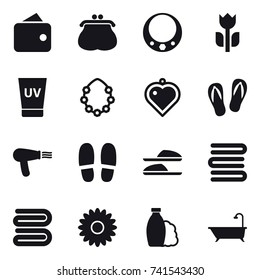 16 vector icon set : wallet, purse, necklace, uv cream, hawaiian wreath, heart pendant, flip-flops, hair dryer, slippers, towels, towel, flower, shampoo, bath