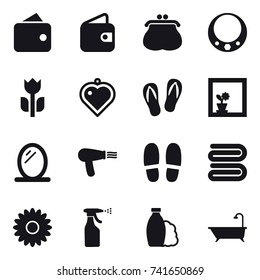 16 vector icon set : wallet, purse, necklace, heart pendant, flip-flops, flower in window, mirror, hair dryer, slippers, towel, flower, sprayer, shampoo, bath