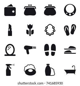 16 vector icon set : wallet, purse, necklace, lipstick, hawaiian wreath, flip-flops, mirror, hair dryer, slippers, sprayer, soap, shampoo, bath