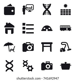 16 vector icon set : wallet, presentation, dna, sun power, home, list, dome house, bus, lounger, camera, stool, vacuum cleaner, pan