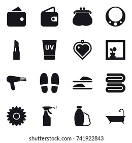 16 vector icon set : wallet, purse, necklace, lipstick, uv cream, heart pendant, flower in window, hair dryer, slippers, towel, flower, sprayer, shampoo, bath