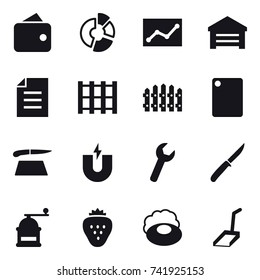 16 vector icon set : wallet, circle diagram, statistic, garage, fence, cutting board, knife, hand mill, strawberry, soap, scoop