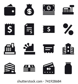 16 vector icon set : wallet, money bag, money, cashbox, receipt, account balance, percent, atm receipt, building, credit card