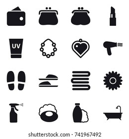 16 vector icon set : wallet, purse, lipstick, uv cream, hawaiian wreath, heart pendant, hair dryer, slippers, towels, flower, sprayer, soap, shampoo, bath