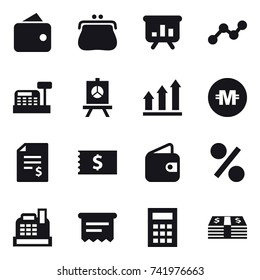 16 vector icon set : wallet, purse, presentation, graph, cashbox, graph up, crypto currency, account balance, receipt, percent, atm receipt, calculator