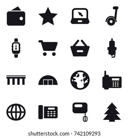 16 vector icon set : wallet, star, notebook, smartwatch, cart, remove from basket, spark plug, bridge, hangar, globe, spruce