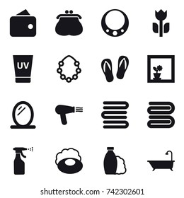 16 vector icon set : wallet, purse, necklace, uv cream, Hawaiian wreath, flip-flops, flower in window, mirror, hair dryer, towels, towel, sprayer, soap, shampoo, bath