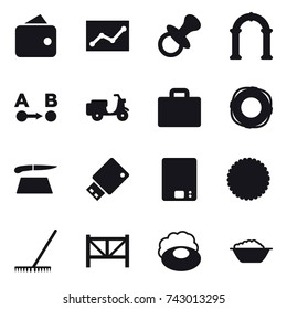 16 vector icon set : wallet, statistic, nipple, arch, suitcase iocn, lifebuoy, cutting board, kitchen scales, rake, farm fence, soap, foam basin