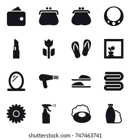 16 vector icon set : wallet, purse, necklace, lipstick, flip-flops, flower in window, mirror, hair dryer, slippers, towel, flower, sprayer, soap, shampoo