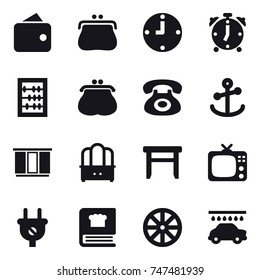 16 vector icon set : wallet, purse, clock, alarm clock, abacus, wardrobe, dresser, stool, tv, wheel, car wash