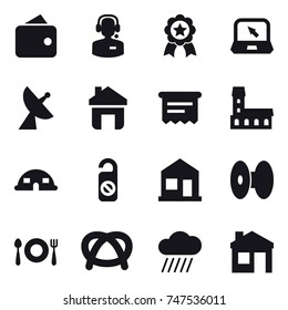 16 vector icon set : wallet, call center, medal, notebook, satellite antenna, home, atm receipt, mansion, dome house, do not distrub, rain cloud, house