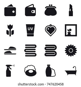 16 vector icon set : wallet, purse, lipstick, uv cream, heart pendant, flower in window, slippers, towels, towel, flower, sprayer, soap, shampoo, bath