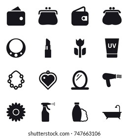 16 vector icon set : wallet, purse, necklace, lipstick, uv cream, hawaiian wreath, heart pendant, mirror, hair dryer, flower, sprayer, shampoo, bath