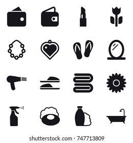 16 vector icon set : wallet, lipstick, hawaiian wreath, heart pendant, flip-flops, mirror, hair dryer, slippers, towel, flower, sprayer, soap, shampoo, bath