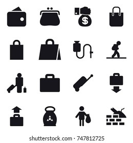 16 vector icon set : wallet, purse, money gift, shopping bag, tourist, passenger, suitcase iocn, suitcase, baggage get, baggage, fertilizer, trash, construct garbage