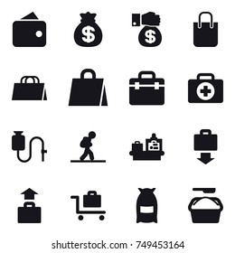16 vector icon set : wallet, money bag, money gift, shopping bag, tourist, baggage checking, baggage get, baggage, baggage trolley, flour, washing powder