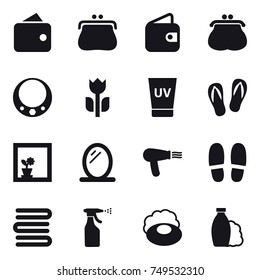 16 vector icon set : wallet, purse, necklace, uv cream, flip-flops, flower in window, mirror, hair dryer, slippers, towels, sprayer, soap, shampoo