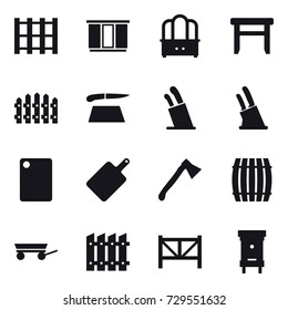 16 vector icon set : wardrobe, dresser, stool, fence, cutting board, stands for knives, knife holder, axe, barrel, trailer, farm fence, hive