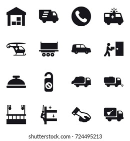 16 vector icon set : warehouse, delivery, phone, service bell, do not distrub, trash truck, sweeper, skyscapers cleaning, skyscrapers cleaning, wiping, home call cleaning