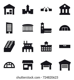 16 vector icon set : warehouse, castle, drawbridge, library, skyscraper, airport building, church, hangare, brick, factory, university, level, greenhouse, shop, garage