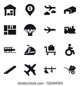 16 vector icon set : warehouse, dollar pin, journey, plane, train, sail boat, baggage trolley, invalid, stairs, plow, wheelbarrow