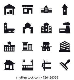 16 vector icon set : warehouse, shop, tower, church, minaret, building, factory, university, district, japanese house, home, skyscapers cleaning, skyscrapers cleaning, scraper