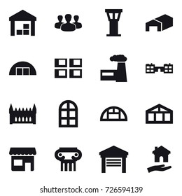 16 vector icon set : warehouse, group, airport tower, hangare, panel house, factory, school, gothic architecture, arch window, greenhouse, shop, antique column, garage, housing