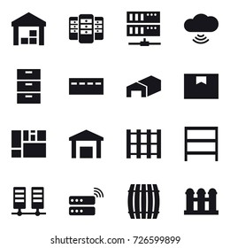 16 vector icon set : warehouse, server, cloud wireless, bunker, rack, barrel, grain elevator