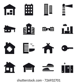 16 vector icon set : warehouse, building, skyscrapers, lighthouse, house with garage, school, city, smart house, hotel, bungalow, key, home, garage, slippers, clean  window