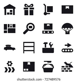 16 vector icon set : warehouse, gift, cargo stoller, car baggage, rack, repair tools, package, washing powder, construct garbage