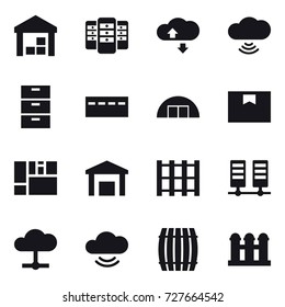 16 vector icon set : warehouse, server, cloude service, cloud wireless, bunker, hangare, barrel, grain elevator