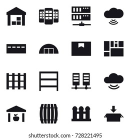 16 vector icon set : warehouse, server, cloud wireless, bunker, hangare, rack, barrel, grain elevator, package