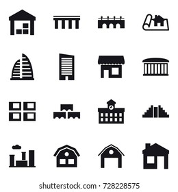 16 vector icon set : warehouse, bridge, project, skyscraper, shop, airport building, panel house, block wall, university, pyramid, city, house, barn