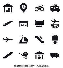 16 vector icon set : warehouse, dollar pin, bike, stairs, gas station, plane, sail boat, escalator, baggage get, wheelbarrow, sweeper