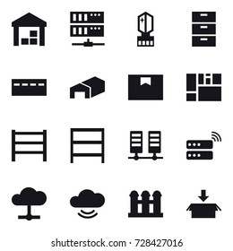 16 vector icon set : warehouse, server, crystall  memory, bunker, rack, grain elevator, package