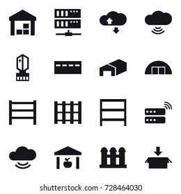 16 vector icon set : warehouse, server, cloude service, cloud wireless, crystall  memory, bunker, hangare, rack, grain elevator, package