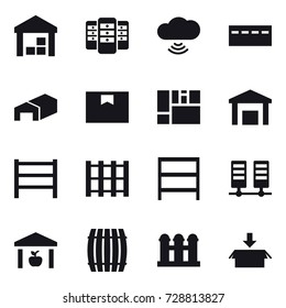 16 vector icon set : warehouse, server, cloud wireless, bunker, rack, barrel, grain elevator, package