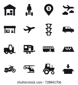 16 vector icon set : warehouse, hoverboard, dollar pin, journey, gas station, trailer, bus, taxi, motorcycle, tractor, package