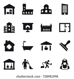 16 vector icon set : warehouse, mansion, skyscraper, building, presentation, gothic architecture, plan, smart house, bath, scraper, utility room, brooming, vacuum cleaner, cleaner