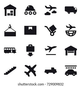 16 vector icon set : warehouse, lunar rover, journey, bus, baggage get, departure, garage, stairs, pickup, car wash