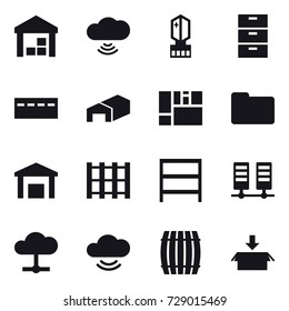 16 vector icon set : warehouse, cloud wireless, crystall  memory, bunker, rack, barrel, package
