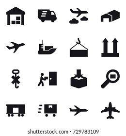 16 vector icon set : warehouse, delivery, journey, plane, airplane