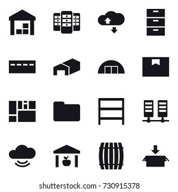16 vector icon set : warehouse, server, cloude service, bunker, hangare, rack, barrel, package