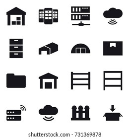 16 vector icon set : warehouse, server, cloud wireless, hangare, rack, grain elevator, package
