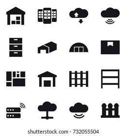 16 vector icon set : warehouse, server, cloude service, cloud wireless, hangare, rack, grain elevator