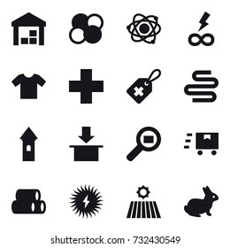 16 vector icon set : warehouse, atom core, atom, infinity power, t-shirt, tower, field, rabbit